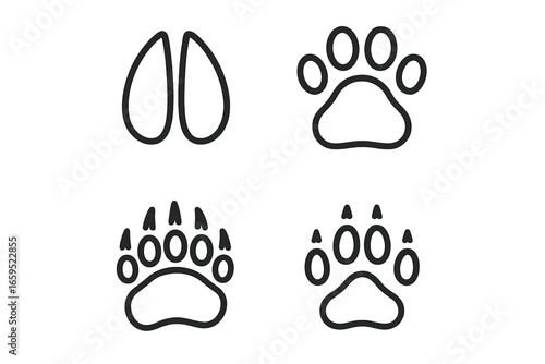 Set of animal paw and hoof print icons in black and white
