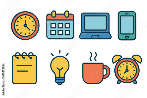 Freelancer Time Management Icons. Flat vector mini-illustrations time management for freelancers in colors