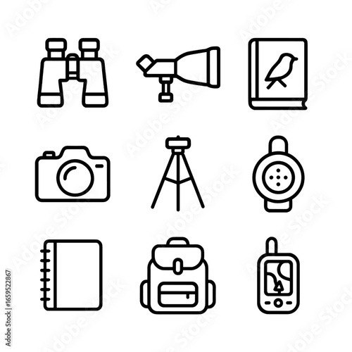 Birdwatching Gear Icons. Outline icon set of birdwatching gear: binoculars, spotting scope, field guide book, camera, tripod, bird