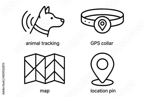 Pet tracking icon set: gps collar, map, location pin for animal monitoring