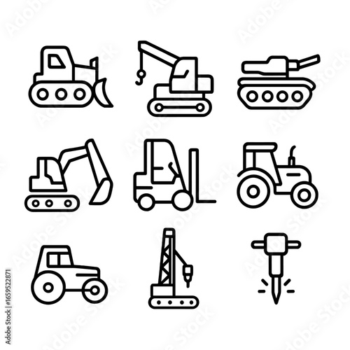 Heavy Machinery Icons. Outline icon set of strong machines: bulldozer, crane, tank, excavator, forklift, tractor, steamroller,