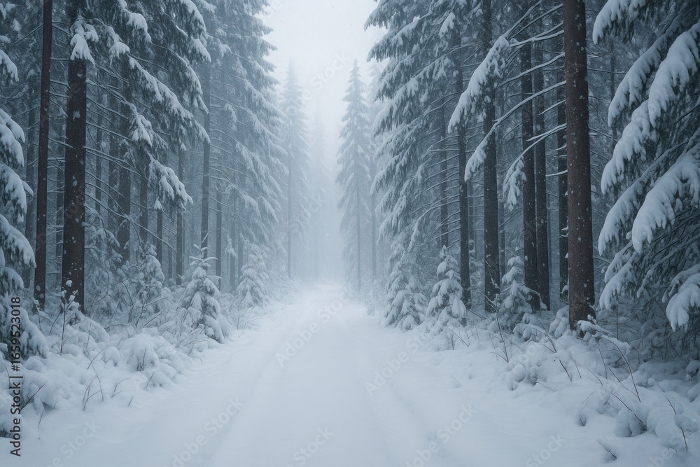 Naklejka premium Serene snowy forest path