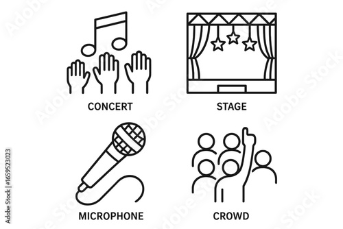 Concert stage elements: microphone, crowd, music notes, and curtains icon set