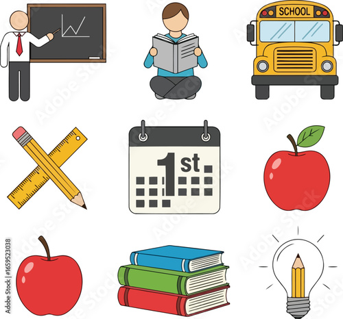 A collection of educational themed icons depicting a teacher, student reading, school bus, pencil, calendar, apples, books, and a lightbulb with a pencil.