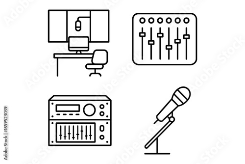 Minimalist line art of audio recording studio equipment with microphone and mixer