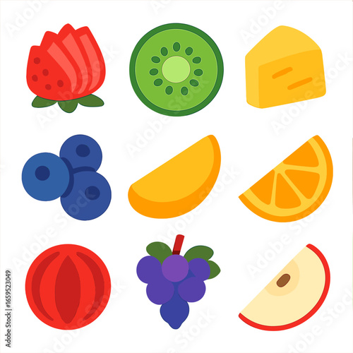 Fruit Icon Grid. Solid, filled icons set of fruit garnishing: strawberry fan, kiwi slice, pineapple chunk,