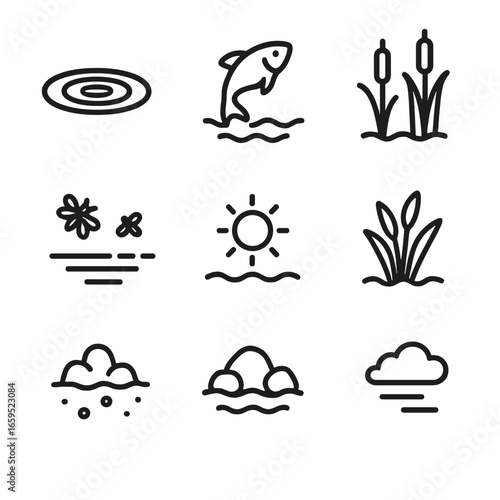 Heron Habitat Icons. Outline icon set of heron environment interactions: water ripples, fish jumping, reeds waving, insects flying
