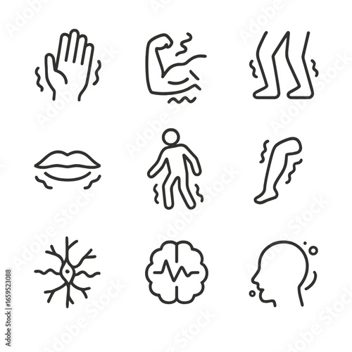 Body Tremor Icons. Outline icon set of body tremor symptoms: shaking hands, muscle spasm, restless legs, trembling lips, unstable