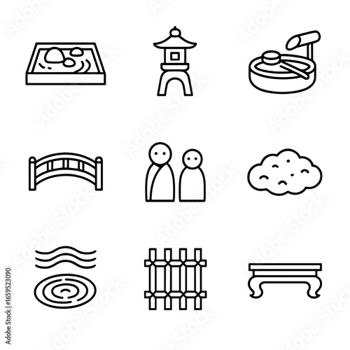 Bonsai Icon Set. Outline icon set of bonsai aesthetics: zen garden, stone lantern, water basin, small bridge, miniature figurines,