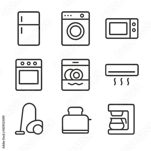 Home Appliance Icons. Outline icon set of home appliances: refrigerator, washing machine, microwave, oven, dishwasher, air
