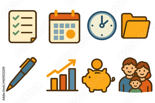 Future Planning Icons. Flat vector mini-illustrations future planning checklist in colors children's