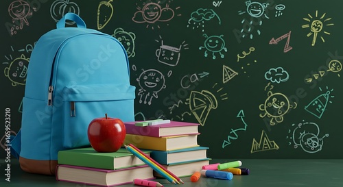 A colorful school scene featuring backpack, books, pencils, apple, and clock in a creative doodle background