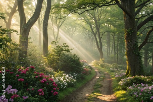 misty morning in the park, sunrays through trees, forest sunrise, misty forest