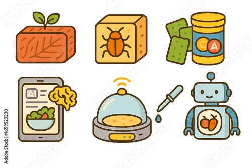 Futuristic Food Innovations. Flat vector mini-illustrations Future food innovations in colors children's