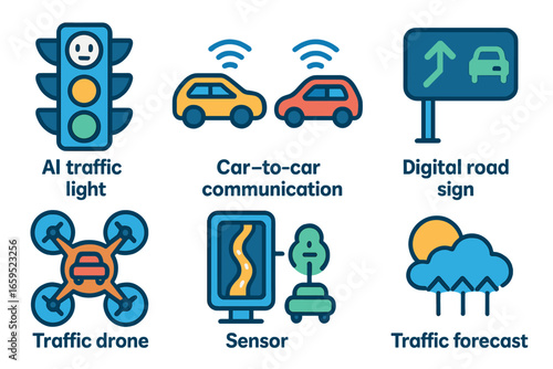 Futuristic Traffic Icons. Flat vector mini-illustrations futuristic traffic systems in colors children's