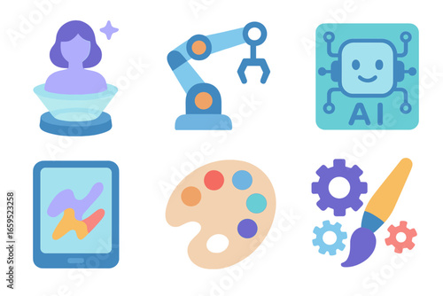 Futuristic Kids Icons. Flat vector mini-illustrations futuristic art concepts in colors children's
