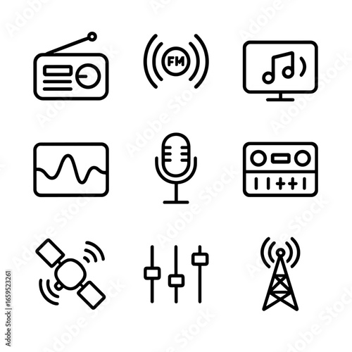 Broadcast Icon Set. Outline icon set of midrange in broadcast: radio station, FM signal, audio stream, frequency range, microphone