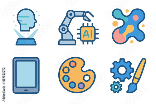 Futuristic Kids Icons. Flat vector mini-illustrations futuristic art concepts in colors children's
