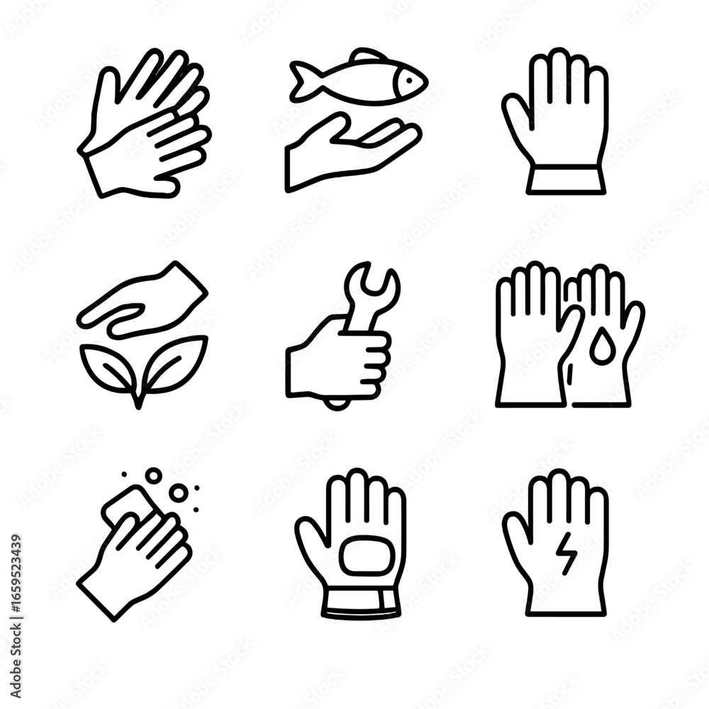 Fototapeta premium Industrial Gloves Icon Set. Outline icon set of gloves in different industries: healthcare, food service, manufacturing,