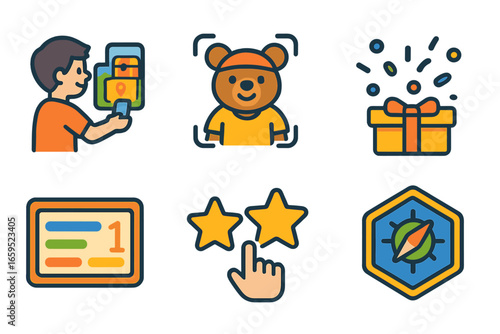 Gamified Brand Icons. Flat vector mini-illustrations gamified brand experiences in colors children's