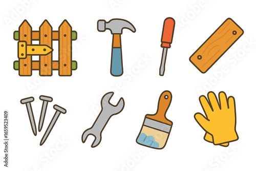 Garden Gate Repairs. Flat vector mini-illustrations repairing garden gates in colors children's illustrations: