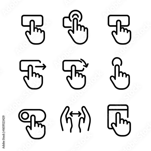 Button Interaction Icons. Outline icon set of button interactions: click, double click, long press, drag, swipe, hover, toggle,