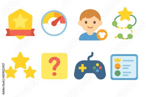 Gamified Learning Icons. Flat vector mini-illustrations gamified learning in colors children's illustrations: