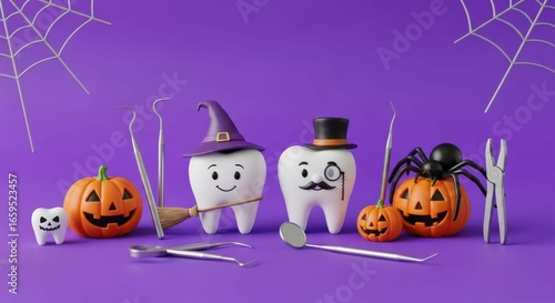 Whimsical halloween dental theme with spooky decorations and cartoonish teeth characters
