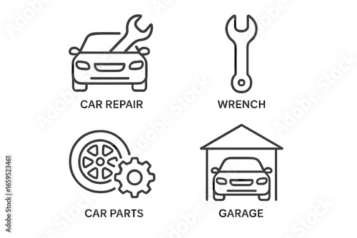 Automotive service icons featuring car repair wrench car parts and garage