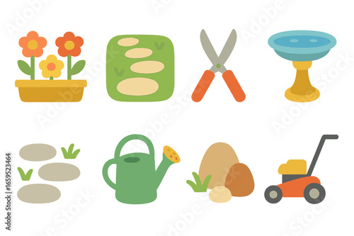 Garden Icons Grid. Flat vector mini-illustrations garden design concepts in colors children's illustrations: