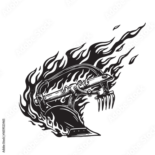 Burning farming plow illustration a bold black and white design for agriculture concepts