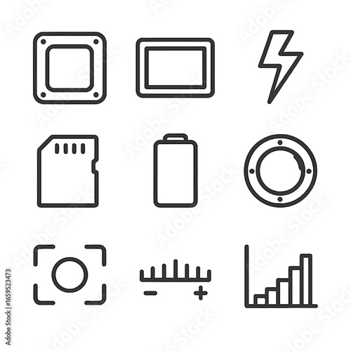Camera Features Icons. Outline icon set of digital camera features: image sensor, LCD screen, flash, memory card slot, battery,