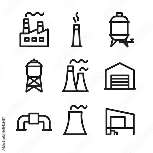 Industrial Icon Set. Outline icon set of industrial infrastructure: factory building, smokestack, storage tank, water tower, power