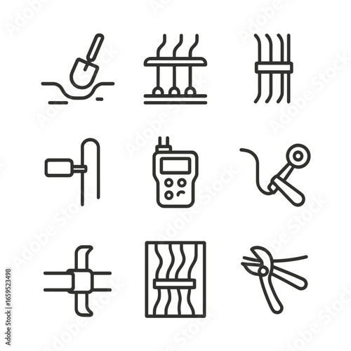 Cable Installation Icons. Outline icon set of cable installation: cable laying, cable routing, cable bundling, cable labeling,