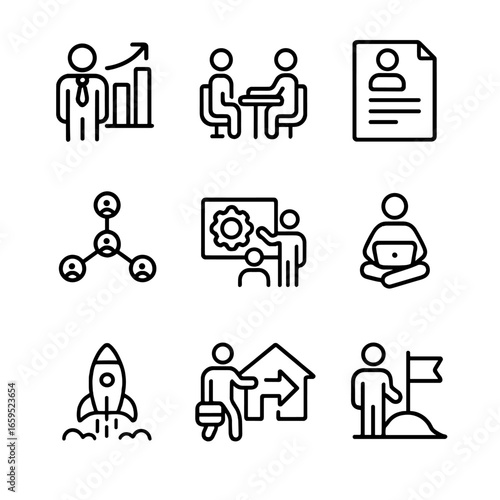 Career Change Icons. Outline icon set of career change: promotion, job interview, resume, networking, skill training, freelancing,