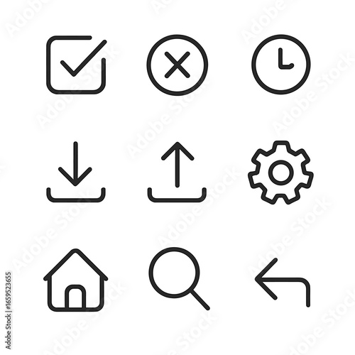 Interface Button Icons. Outline icon set of interface buttons: submit, cancel, reset, download, upload, settings, home, search,