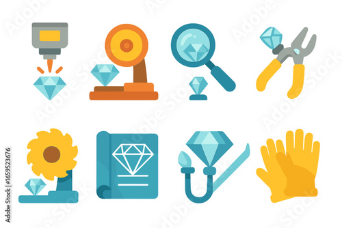 Gemstone Tools Icons. Flat vector mini-illustrations Diamond cutting and shaping tools in colors children's