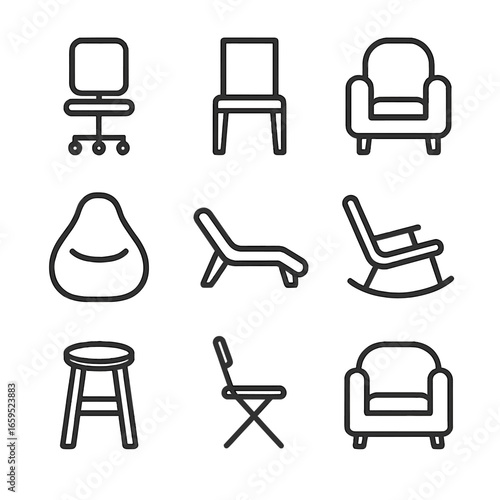 Chair Design Icons. Outline icon set of chair designs: office chair, dining chair, armchair, bean bag, lounge chair, rocking chair