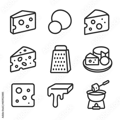 Cheesy Food Icons. Outline icon set of cheesy foods and products: cheddar cheese, mozzarella ball, cheese wedge, blue cheese,