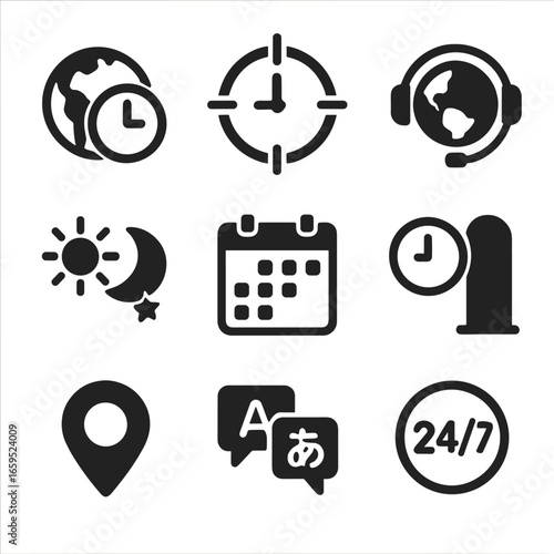 Global Support Icons. Solid, filled icons set of support across time zones: world clock, time zone icon, globe