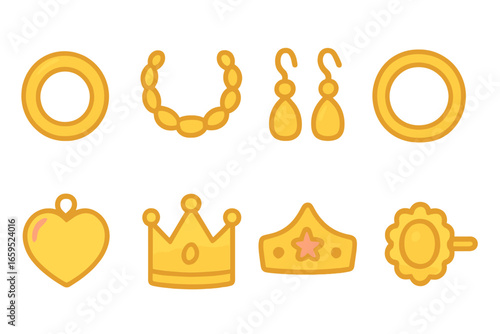 Children's Gold Jewelry Icons. Flat vector mini-illustrations gold jewelry in colors children's illustrations: gold ring, gold