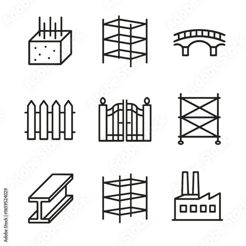 Iron Structure Icons. Outline icon set of iron bar construction uses: reinforced concrete, steel frame, bridge support, fence,