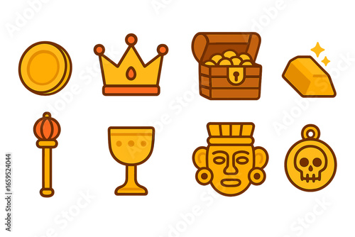 Children's Gold Treasures. Flat vector mini-illustrations gold treasures in colors children's illustrations: gold coin, golden
