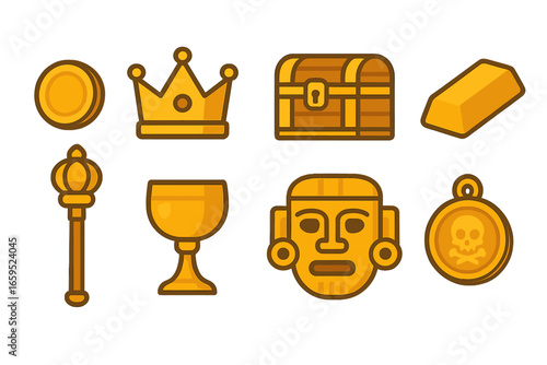 Children's Gold Treasures. Flat vector mini-illustrations gold treasures in colors children's illustrations: gold coin, golden