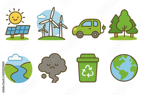Eco-Friendly Icons Grid. Flat vector mini-illustrations energy and environment in colors children's illustrations: solar farm,