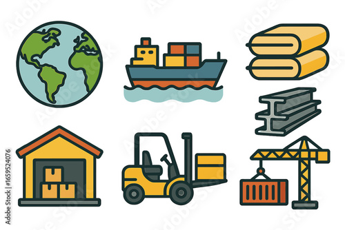 Global Trade Icons. Flat vector mini-illustrations International infrastructure trade in colors children's
