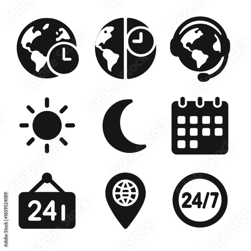 Global Support Icons. Solid, filled icons set of support across time zones: world clock, time zone icon, globe
