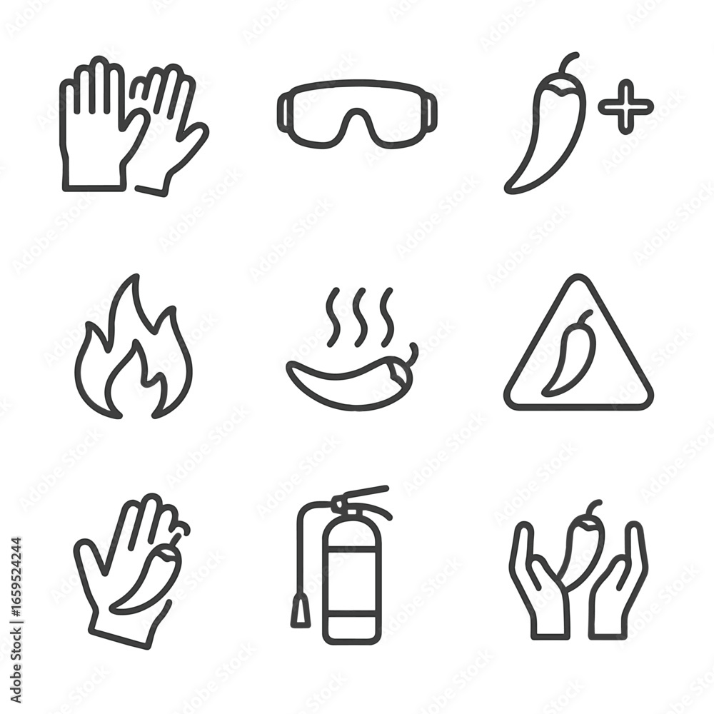 Fototapeta premium Chili Safety Icon Set. Outline icon set of chili safety and warnings: gloves, eye protection, first aid, flame icon, heat hazard,