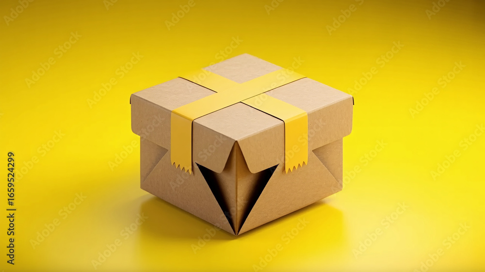 Obraz premium Securely packaged cardboard box secured with vibrant yellow tape, ready for shipping and delivery
