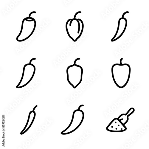 Chili Pepper Icons. Outline icon set of chili peppers: jalapeño, habanero, cayenne, serrano, ghost pepper, poblano, bird’s eye,